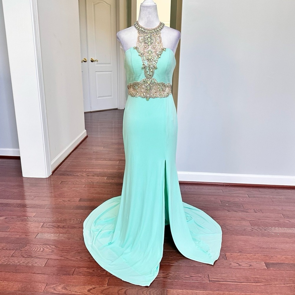 JVN by Jovani Luxury Mint Green Gold Side Slit Embellished Beaded Gown Dress